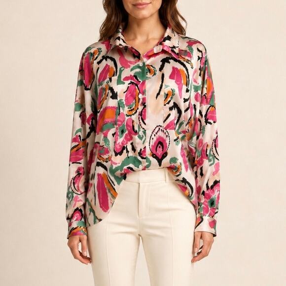 Fate Tops - Fate Abstract Paisley Satin Button Down Blouse Pink Green Orange Size Medium